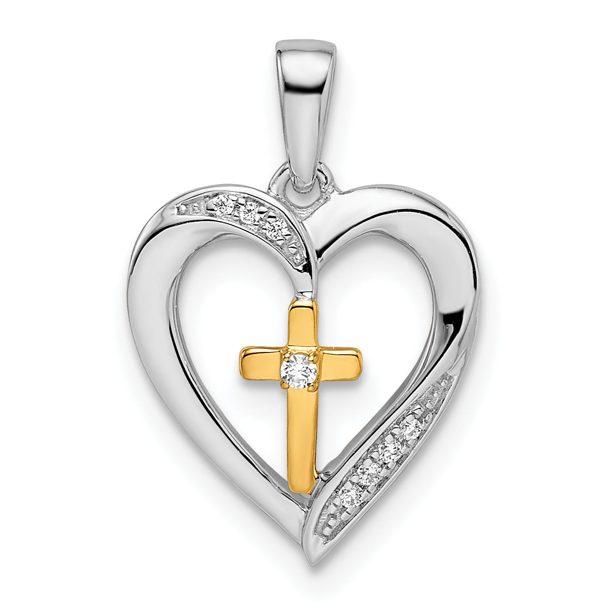 14K Two Tone Heart With Cross Diamond Pendant