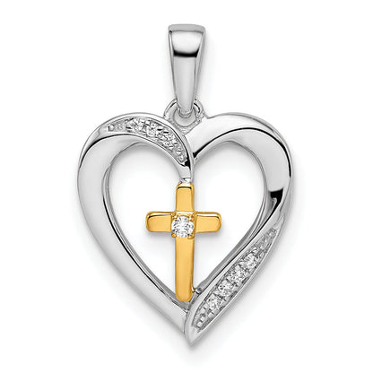 14K Two Tone Heart With Cross Diamond Pendant