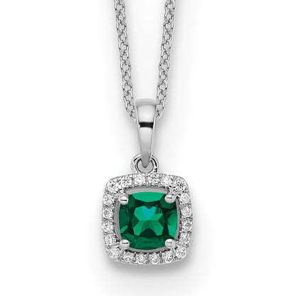 14k White Gold 1/10 Ct. Lab Grown Diamond VS/SI+ G+ and Created Emerald 18 inch Pendant Necklace