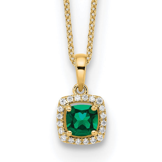 14k Yellow Gold 1/10 Ct. Lab Grown Diamond VS/SI+ G+ and Created Emerald 18 inch Pendant Necklace
