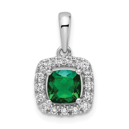 14k White Gold 1/4 Ct. Lab Grown Diamond VS/SI+ G+ May Birthstone Lab Created Emerald Halo Pendant