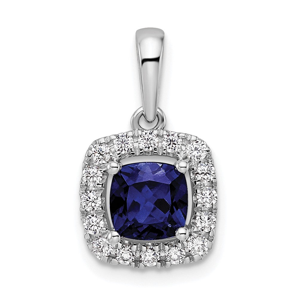 14k White Gold 1/4 Ct. Lab Grown Diamond VS/SI+ G+ September Birthstone Lab Created Blue Sapphire Halo Pendant