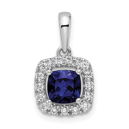 14k White Gold 1/4 Ct. Lab Grown Diamond VS/SI+ G+ September Birthstone Lab Created Blue Sapphire Halo Pendant