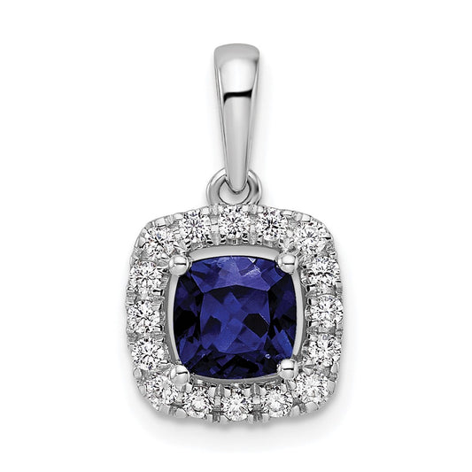 14k White Gold 1/4 Ct. Lab Grown Diamond VS/SI+ G+ September Birthstone Lab Created Blue Sapphire Halo Pendant