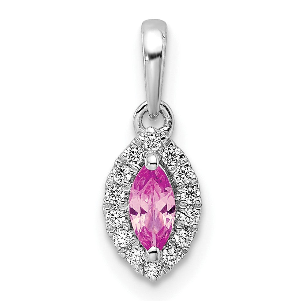 14k White Gold 1/10 Ct. Lab Grown Diamond VS/SI+ G+ and Lab Created Pink Sapphire October Birthstone Pendant