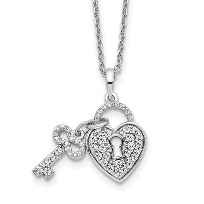 14k White Gold 1/2 Ct. Lab Grown Diamond VS/SI+ G+ 18 inch Heart Lock and Key Pendant Necklace