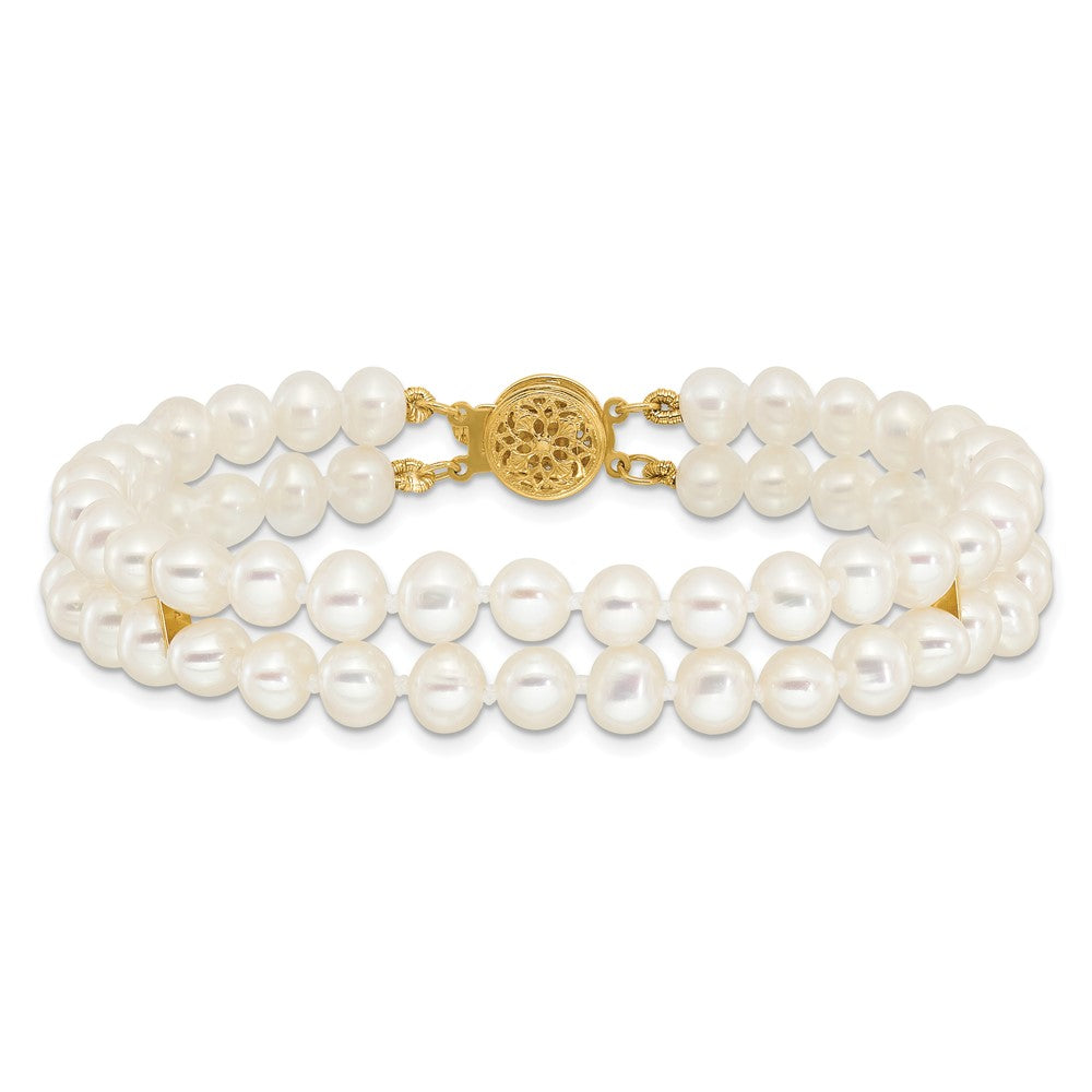 7.5 Inch 14K 5-6mm White Near Round Fw Cultured Pearl 2-Strand Bracelet