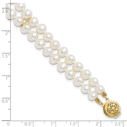 7.5 Inch 14K 5-6mm White Near Round Fw Cultured Pearl 2-Strand Bracelet