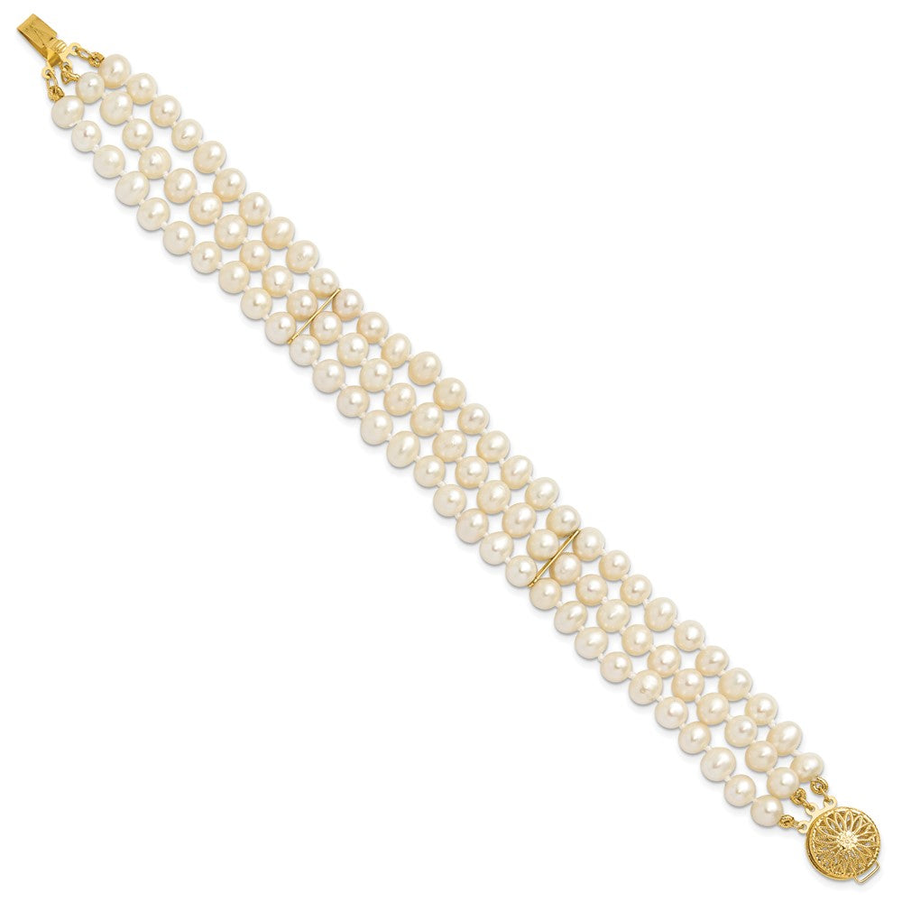 7.5 Inch 14K 5-6mm White Near Round Fw Cultured Pearl 3-Strand Bracelet