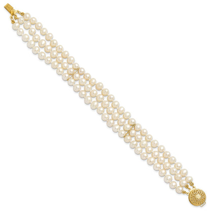 7.5 Inch 14K 5-6mm White Near Round Fw Cultured Pearl 3-Strand Bracelet