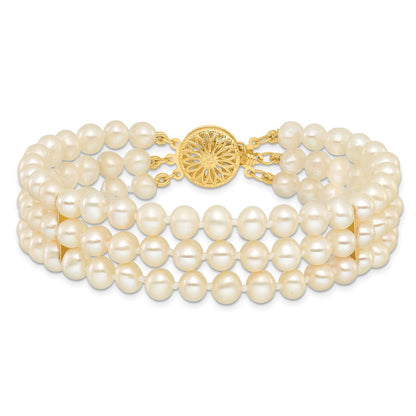 7.5 Inch 14K 5-6mm White Near Round Fw Cultured Pearl 3-Strand Bracelet