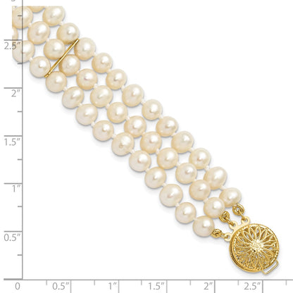 7.5 Inch 14K 5-6mm White Near Round Fw Cultured Pearl 3-Strand Bracelet