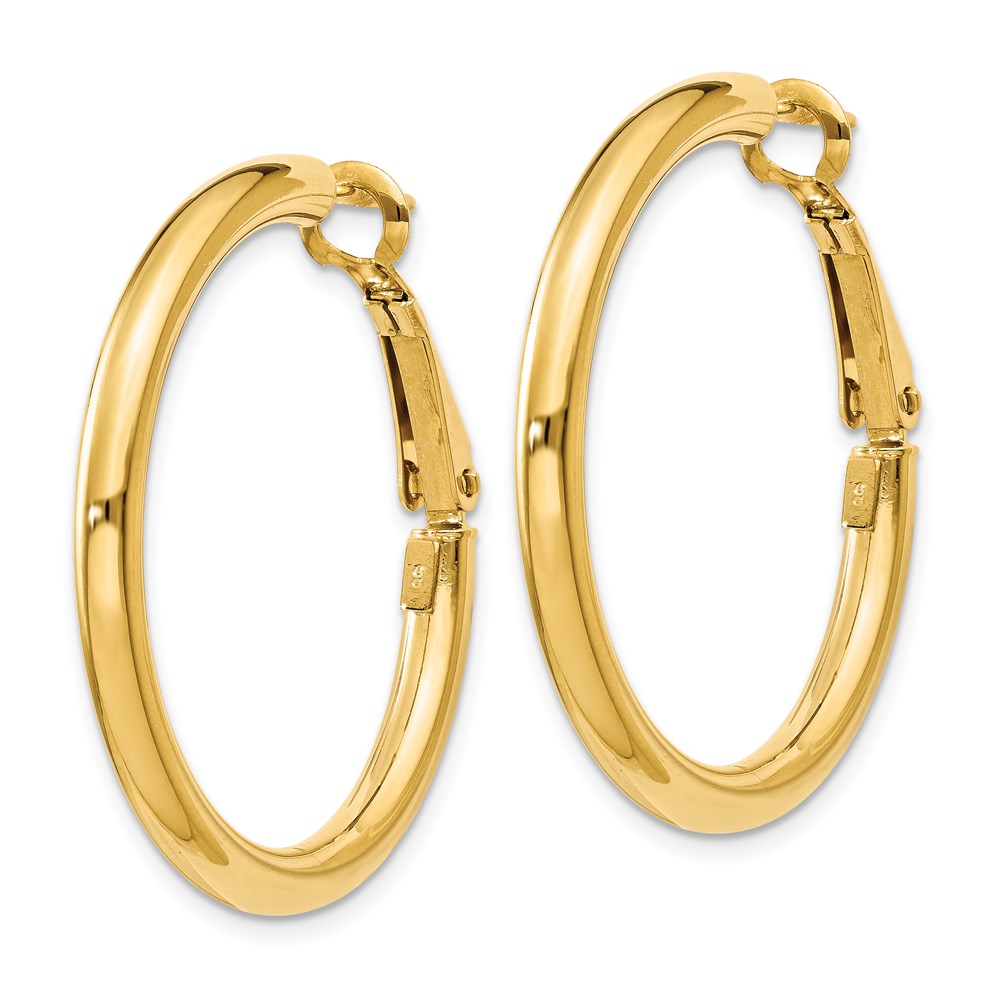 14K Yellow Gold 3X25mm Polished Round Omega Back Hoop Earrings