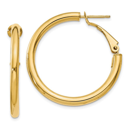 14K Yellow Gold 3X25mm Polished Round Omega Back Hoop Earrings