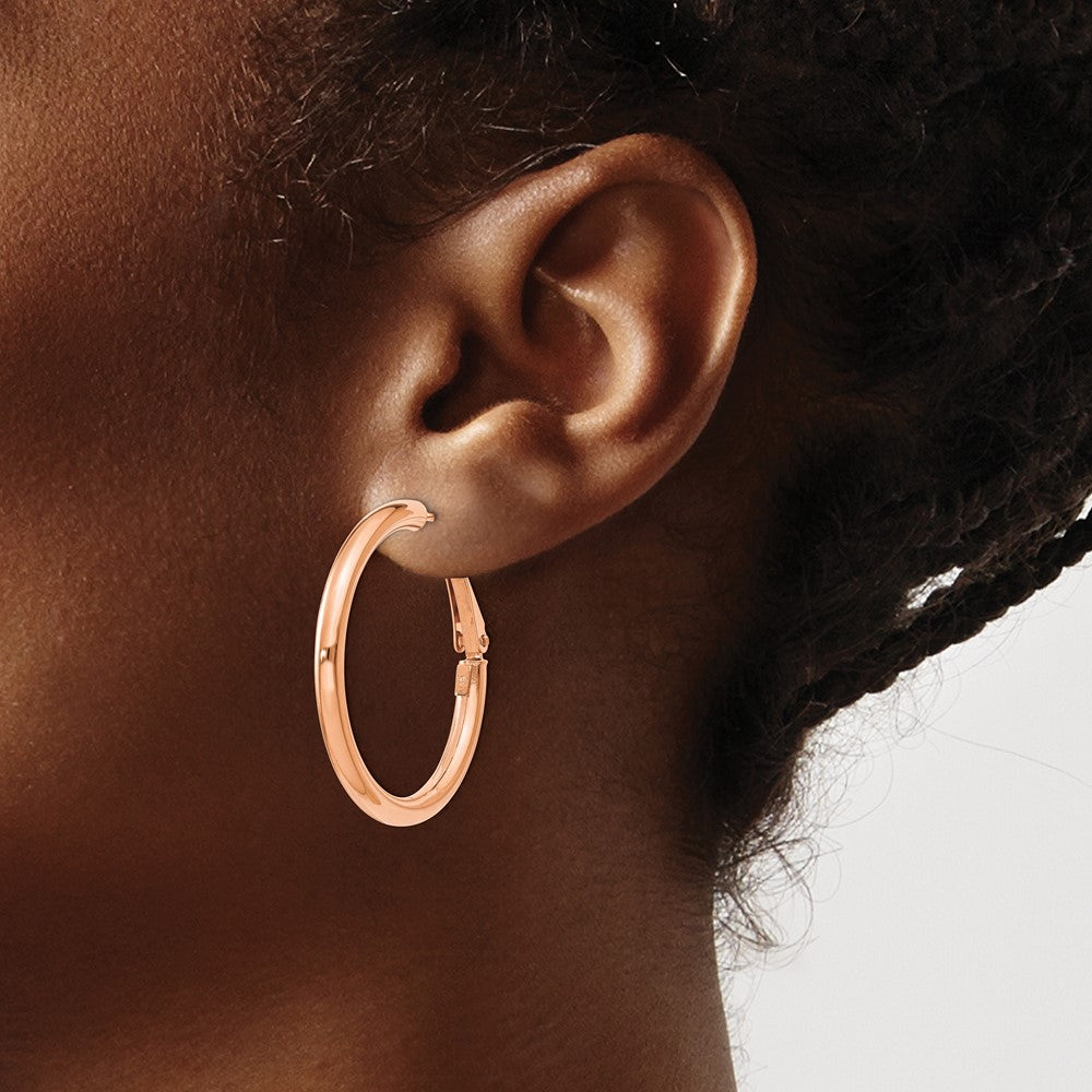 14K Rose Gold 3X25mm Polished Round Omega Back Hoop Earrings