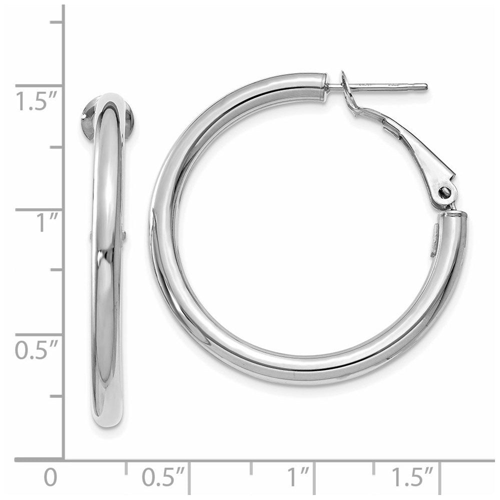 14K White Gold 3X25mm Polished Round Omega Back Hoop Earrings