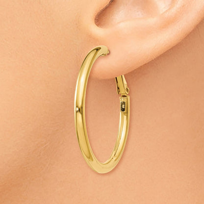 14K Yellow Gold 3X30mm Polished Round Omega Back Hoop Earrings