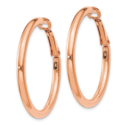 14K Rose Gold 3X30mm Polished Round Omega Back Hoop Earrings
