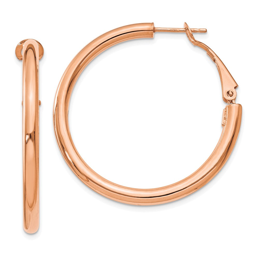 14K Rose Gold 3X30mm Polished Round Omega Back Hoop Earrings