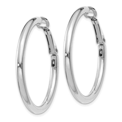 14K White Gold 3X30mm Polished Round Omega Back Hoop Earrings
