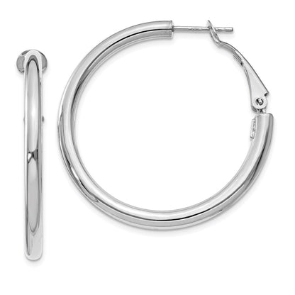 14K White Gold 3X30mm Polished Round Omega Back Hoop Earrings