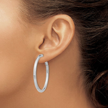 14K White Gold 3X35mm Polished Round Omega Back Hoop Earrings