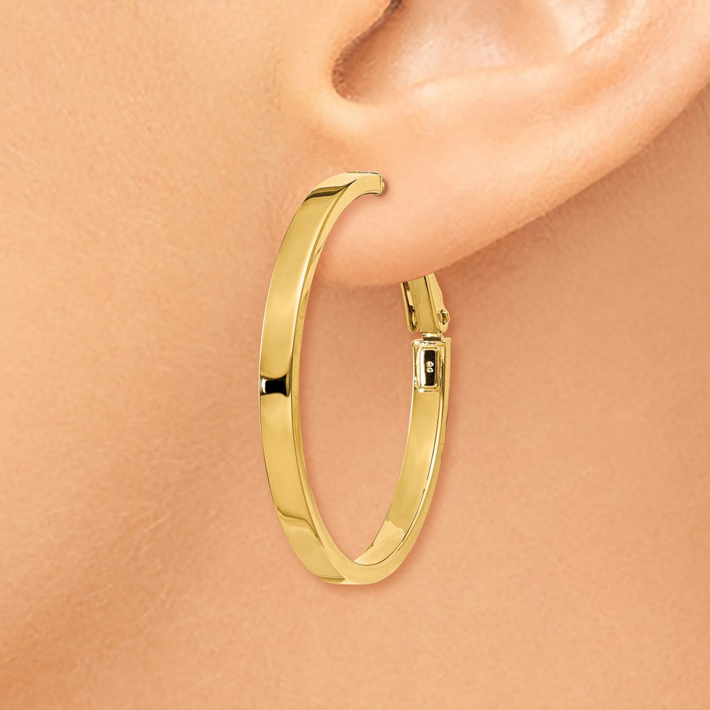 14K Yellow Gold 3X30mm Polished Square Tube Round Hoop Earrings