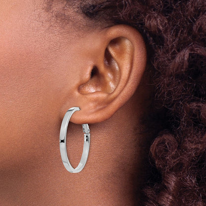 14K White Gold 3X30mm Polished Square Tube Round Hoop Earrings