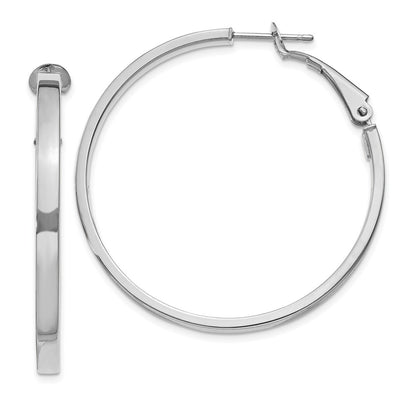 14K White Gold 3X37mm Polished Square Tube Round Hoop Earrings