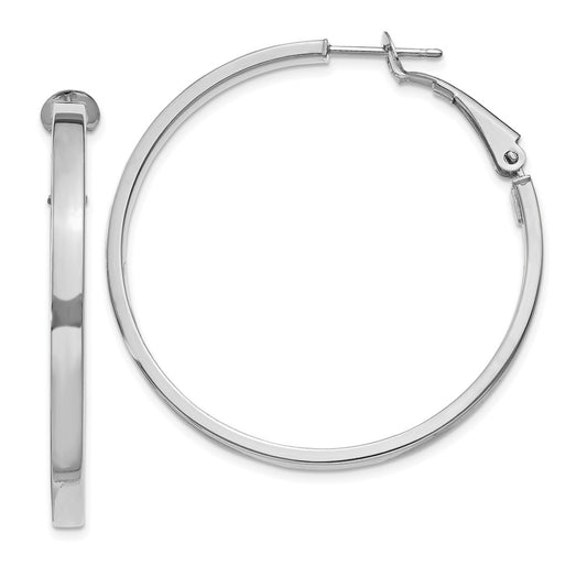 14K White Gold 3X37mm Polished Square Tube Round Hoop Earrings