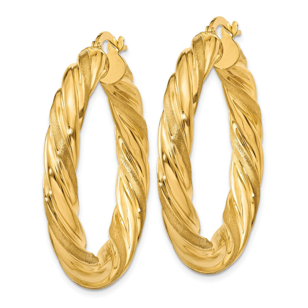 14K Yellow Gold 5mm Satin & Polished Twisted Hoop Earrings