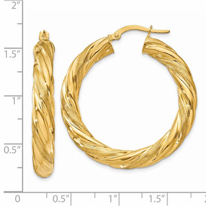 14K Yellow Gold 5mm Satin & Polished Twisted Hoop Earrings