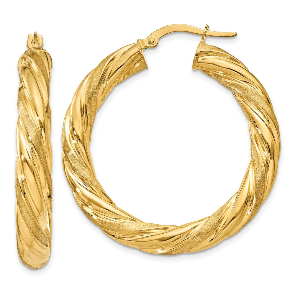 14K Yellow Gold 5mm Satin & Polished Twisted Hoop Earrings
