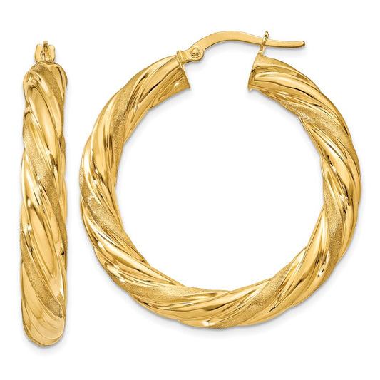 14K Yellow Gold 5mm Satin & Polished Twisted Hoop Earrings