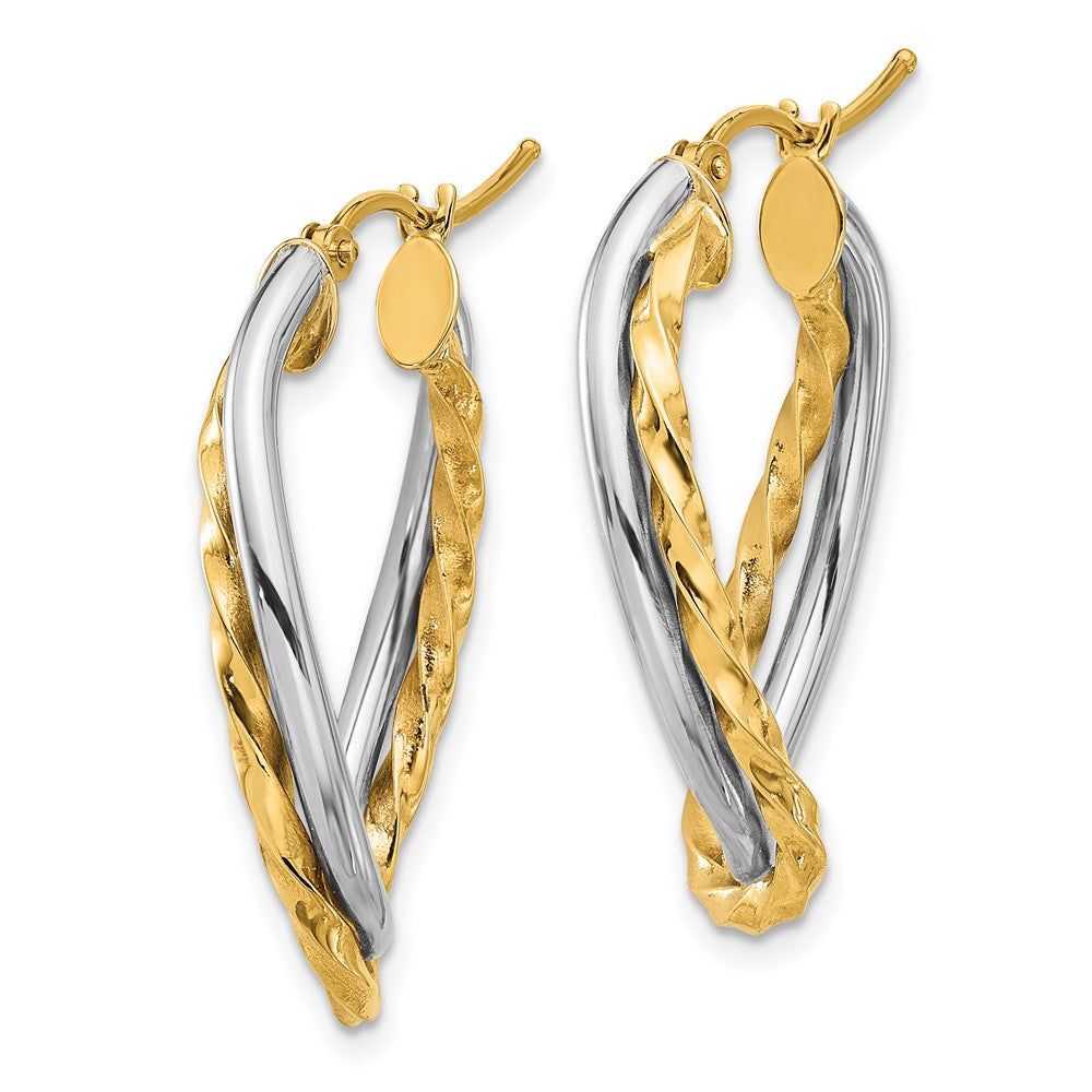 14K Two-Tone Textured And Polished Twist Oval Hoop Earrings