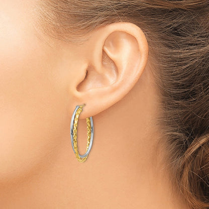 14K Two-Tone Textured And Polished Twist Oval Hoop Earrings