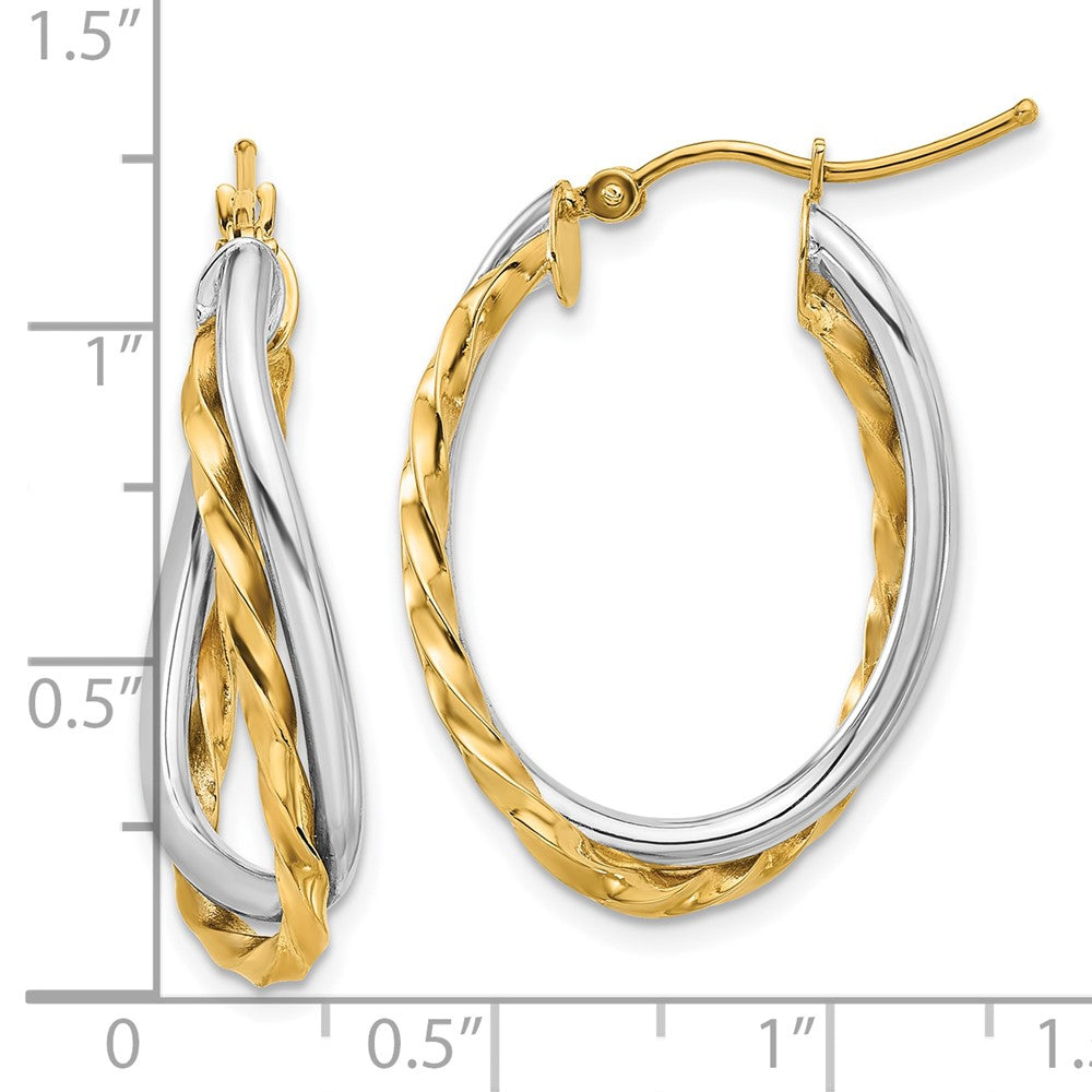 14K Two-Tone Textured And Polished Twist Oval Hoop Earrings