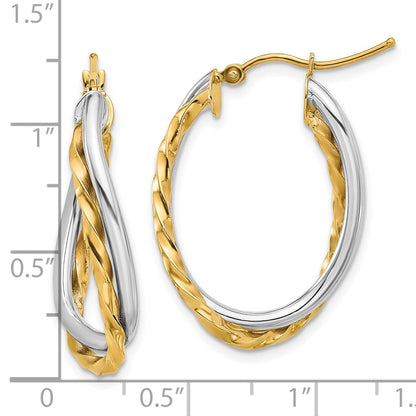 14K Two-Tone Textured And Polished Twist Oval Hoop Earrings