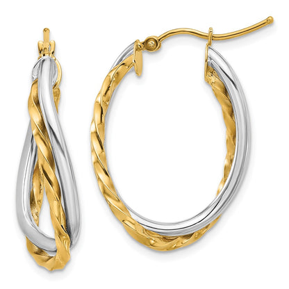 14K Two-Tone Textured And Polished Twist Oval Hoop Earrings