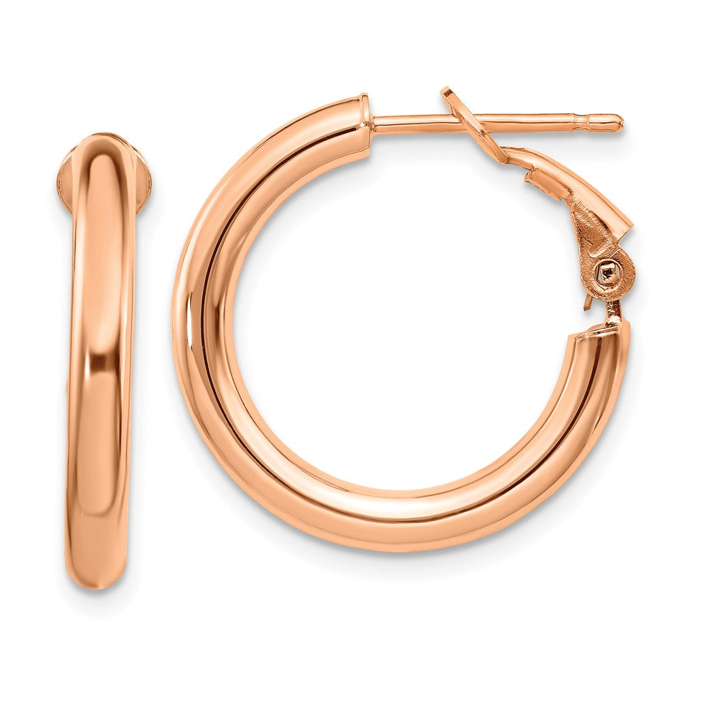 14K Rose Gold 3X15mm Polished Round Omega Back Hoop Earrings