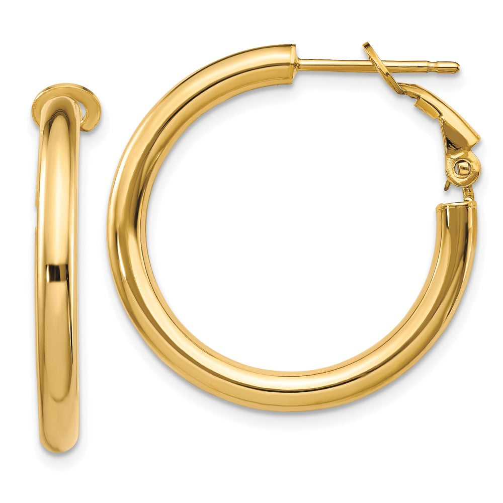 14K Yellow Gold 3X25mm Polished Round Omega Back Hoop Earrings