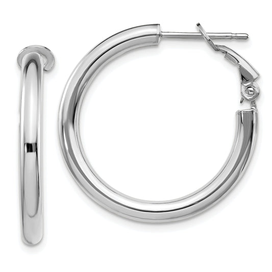 14K White Gold 3X20mm Polished Round Omega Back Hoop Earrings