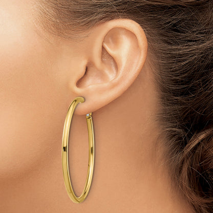 14K Yellow Gold 3X45mm Polished Round Omega Back Hoop Earrings
