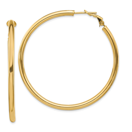 14K Yellow Gold 3X45mm Polished Round Omega Back Hoop Earrings