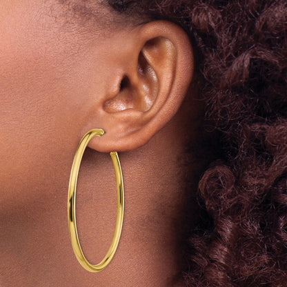 14K Yellow Gold 3X50mm Polished Round Omega Back Hoop Earrings