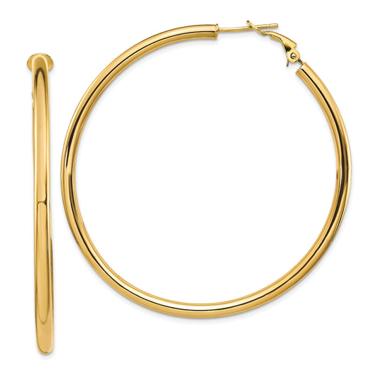 14K Yellow Gold 3X50mm Polished Round Omega Back Hoop Earrings