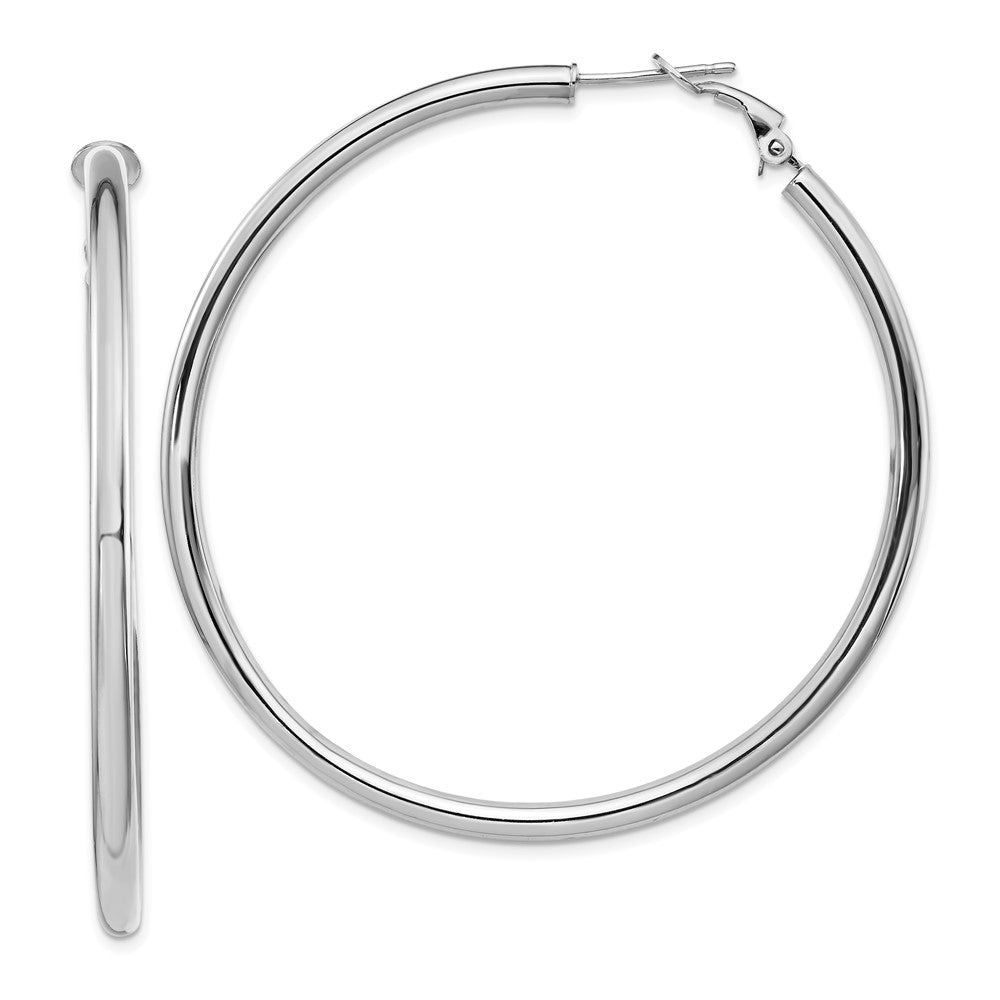 14K White Gold 3X50mm Polished Round Omega Back Hoop Earrings