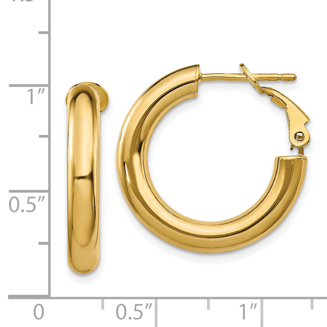 14K Yellow Gold 4X15mm Polished Round Omega Back Hoop Earrings