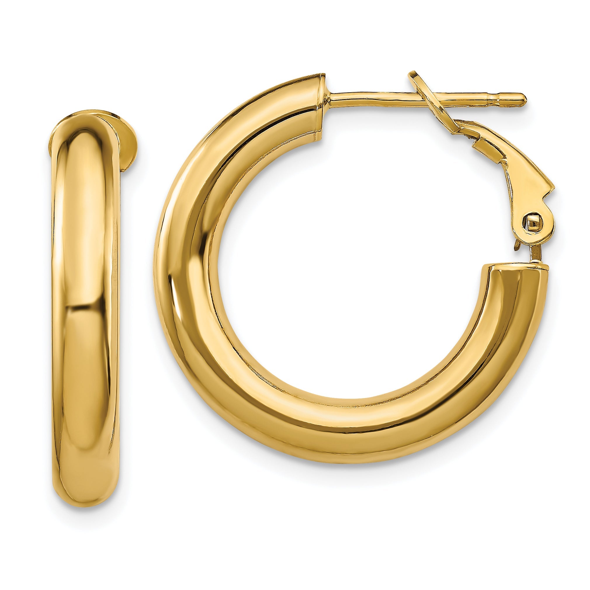 14K Yellow Gold 4X15mm Polished Round Omega Back Hoop Earrings