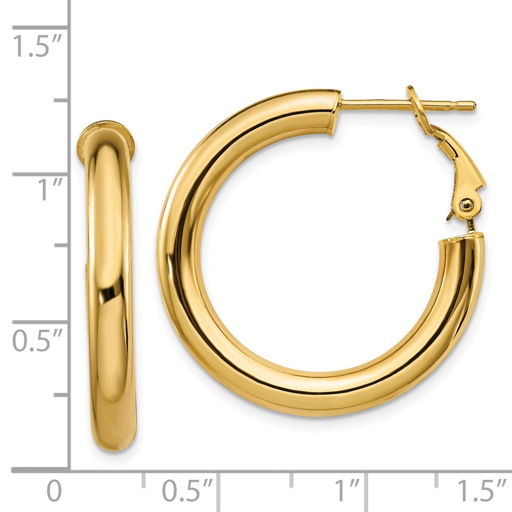 14K Yellow Gold 4X20mm Polished Round Omega Back Hoop Earrings